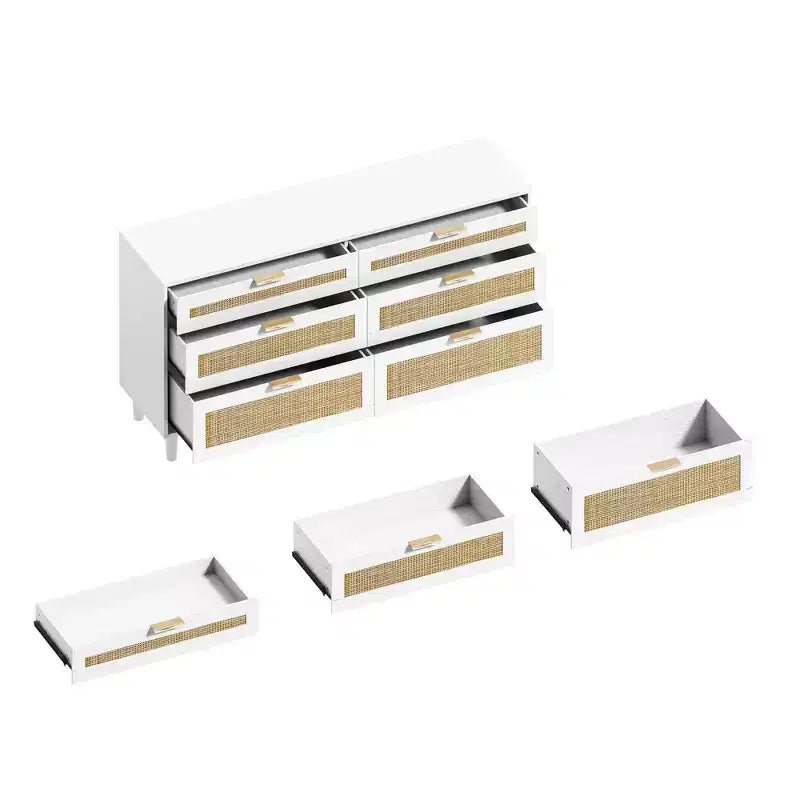 MAYEERTY 59 Armoire de rangement en rotin avec 6 tiroirs, poignée en métal et pieds en bois pour salon et chambre à coucher Blanc