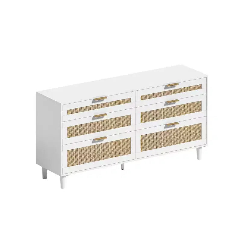 MAYEERTY 59 Armoire de rangement en rotin avec 6 tiroirs, poignée en métal et pieds en bois pour salon et chambre à coucher Blanc