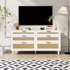 MAYEERTY 59 Armoire de rangement en rotin avec 6 tiroirs, poignée en métal et pieds en bois pour salon et chambre à coucher Blanc