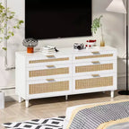 MAYEERTY 59 Armoire de rangement en rotin avec 6 tiroirs, poignée en métal et pieds en bois pour salon et chambre à coucher Blanc