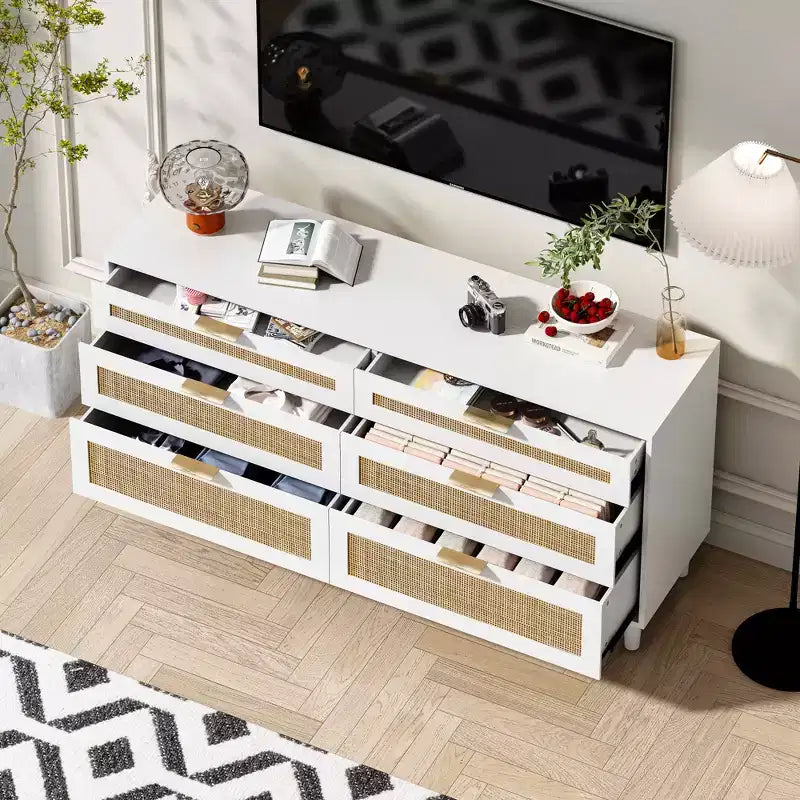 MAYEERTY 59 Armoire de rangement en rotin avec 6 tiroirs, poignée en métal et pieds en bois pour salon et chambre à coucher Blanc