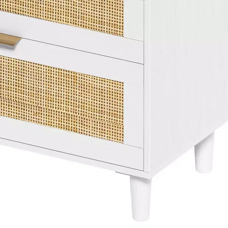 MAYEERTY 59 Armoire de rangement en rotin avec 6 tiroirs, poignée en métal et pieds en bois pour salon et chambre à coucher Blanc