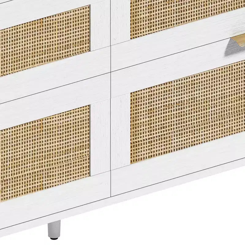 MAYEERTY 59 Armoire de rangement en rotin avec 6 tiroirs, poignée en métal et pieds en bois pour salon et chambre à coucher Blanc