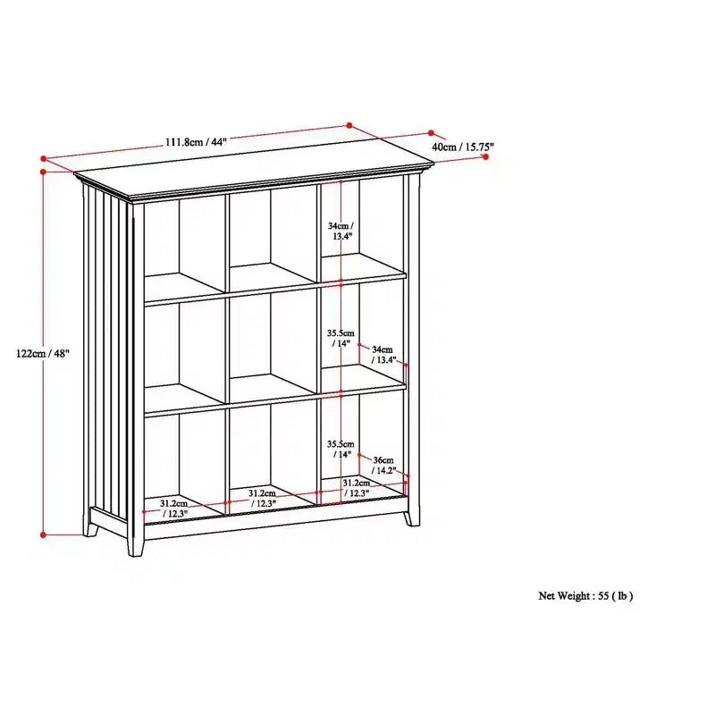 Bibliothèque et unité de rangement transitionnelles Normandie en BOIS MASSIF, 9 cubes, 48 po x 44 po
