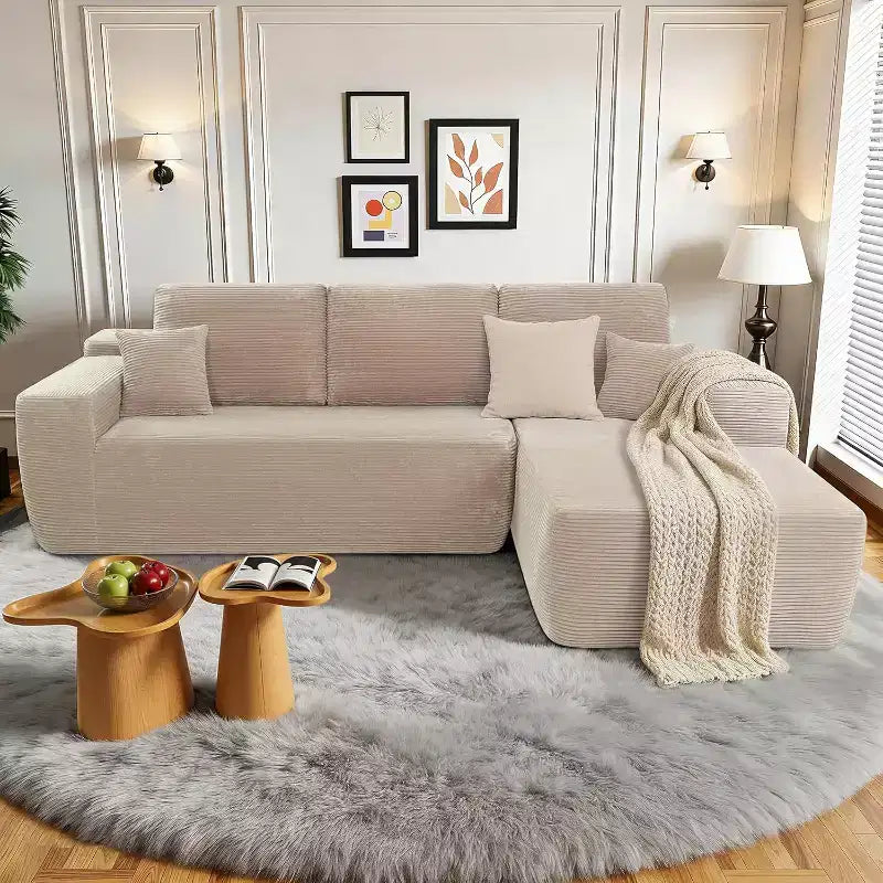 MooxvMoo Comfy Corduroy L Shaped Couch with Chaise,105 Modular Sectional Sofa with Throw Pillow & Deep Seat,No Assembly Required,Camel