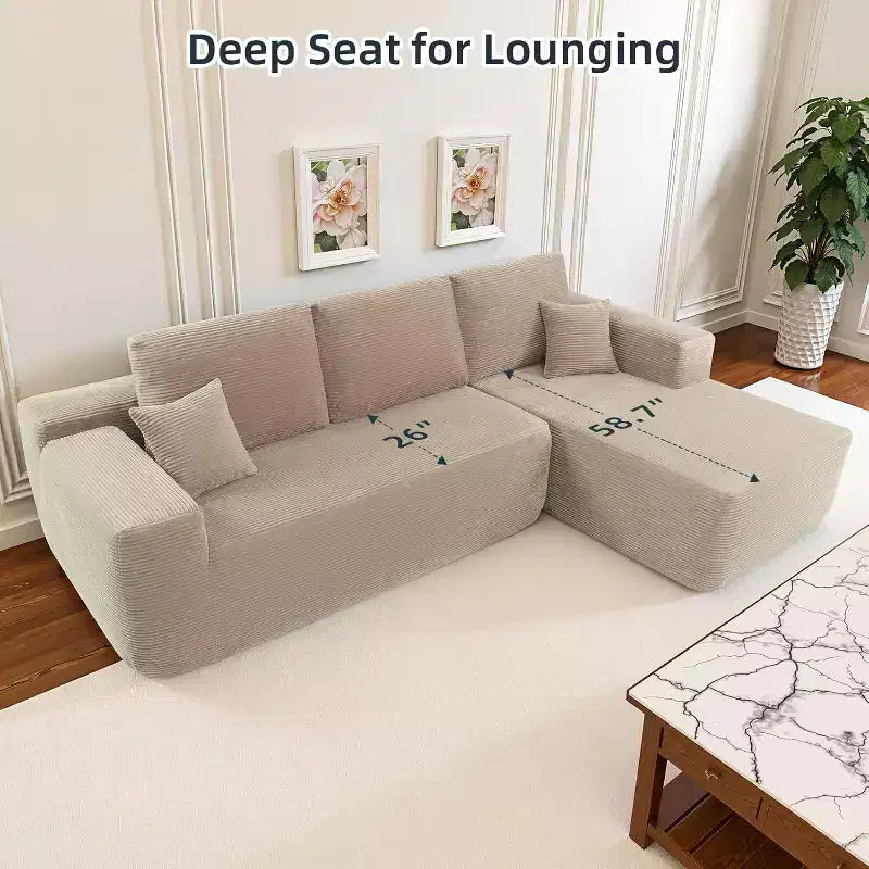 MooxvMoo Canapé d'angle confortable en velours côtelé avec méridienne, canapé sectionnel modulaire de 267 cm avec coussins et assise profonde, aucun assemblage requis, camel