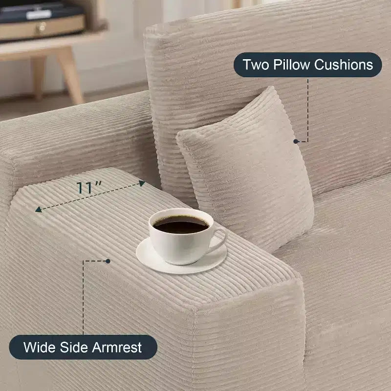 MooxvMoo Canapé d'angle confortable en velours côtelé avec méridienne, canapé sectionnel modulaire de 267 cm avec coussins et assise profonde, aucun assemblage requis, camel