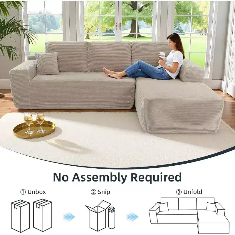 MooxvMoo Canapé d'angle confortable en velours côtelé avec méridienne, canapé sectionnel modulaire de 267 cm avec coussins et assise profonde, aucun assemblage requis, camel