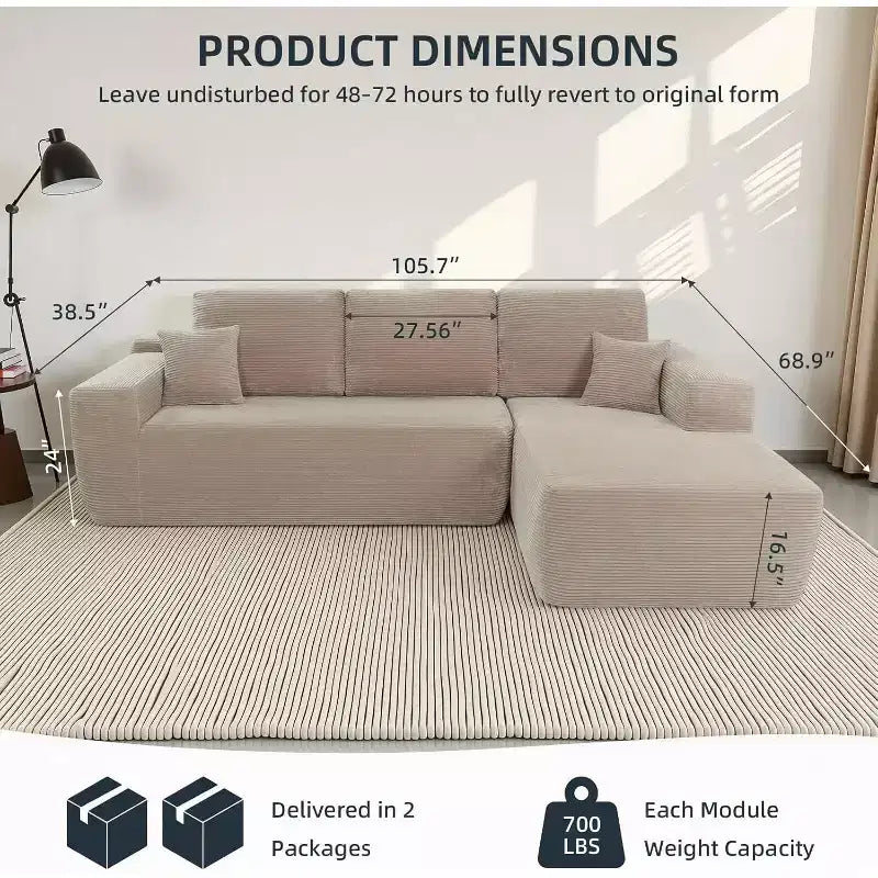 MooxvMoo Canapé d'angle confortable en velours côtelé avec méridienne, canapé sectionnel modulaire de 267 cm avec coussins et assise profonde, aucun assemblage requis, camel