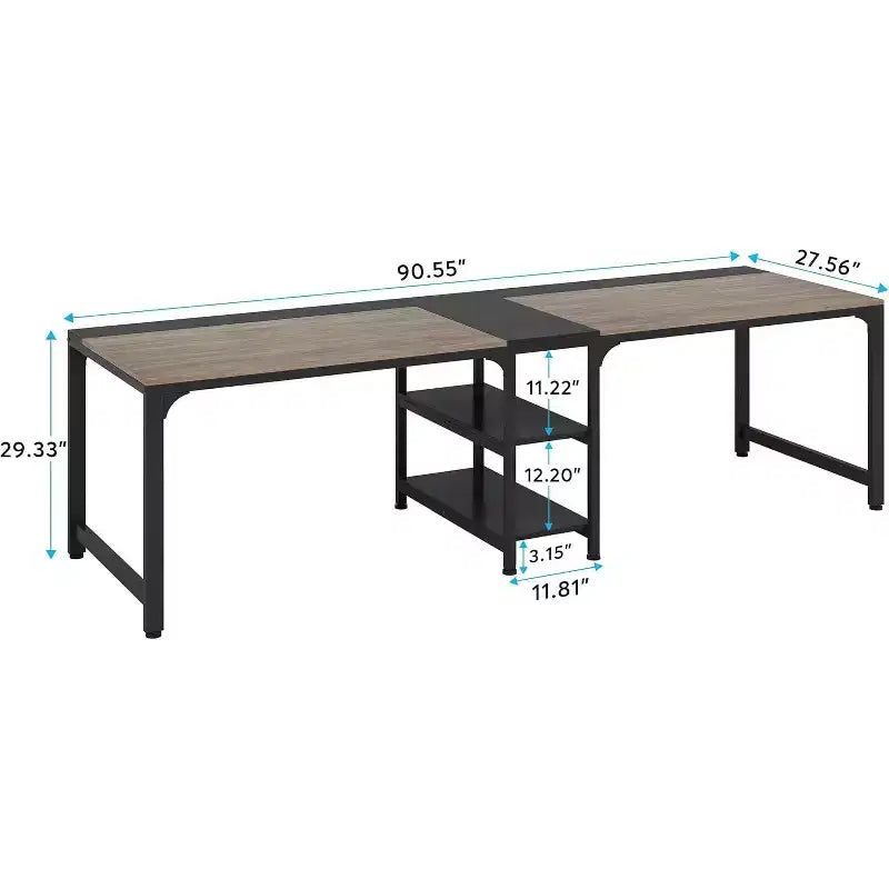 Bureau d'ordinateur double Lantine de 90,5 pouces, grande table d'étude pour deux personnes