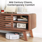 Meuble TV Costway avec porte coulissante, étagères réglables et pieds en bois d'hévéa pour TV jusqu'à 55''