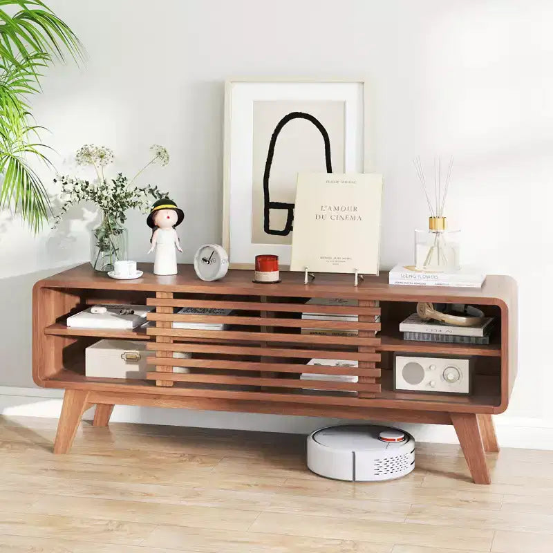 Meuble TV Costway avec porte coulissante, étagères réglables et pieds en bois d'hévéa pour TV jusqu'à 55''