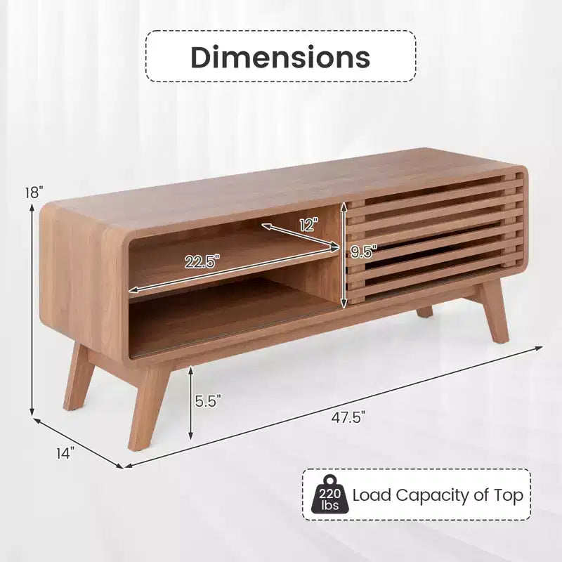 Meuble TV Costway avec porte coulissante, étagères réglables et pieds en bois d'hévéa pour TV jusqu'à 55''