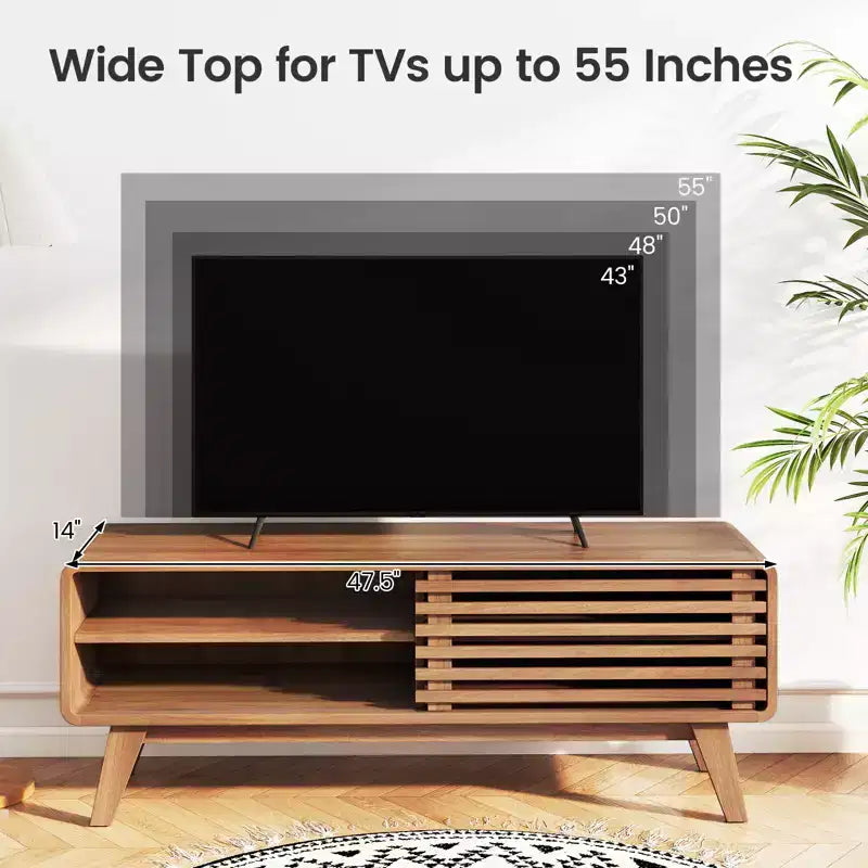 Meuble TV Costway avec porte coulissante, étagères réglables et pieds en bois d'hévéa pour TV jusqu'à 55''
