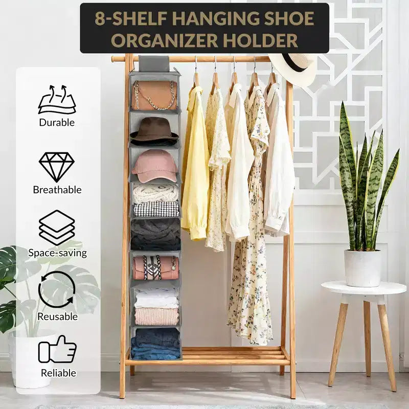 COZONY Lot de 3 organiseurs de chaussures suspendus pour placard, support de rangement à 8 étagères avec 2 crochets, installation sans outils, étagère peu encombrante pour chaussures et sacs à main