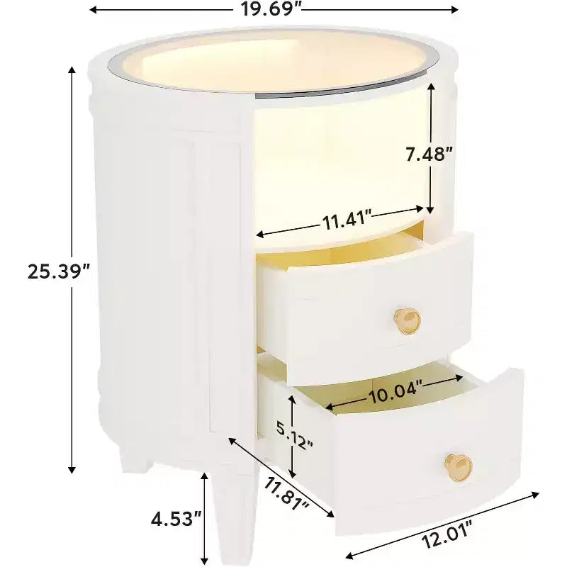 Table de chevet ovale Lantine : Aucun assemblage requis, 2 tiroirs LED, dessus en verre, table d'appoint ronde moderne blanche pour chambre à coucher