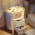 Table de chevet ovale Lantine : Aucun assemblage requis, 2 tiroirs LED, dessus en verre, table d'appoint ronde moderne blanche pour chambre à coucher