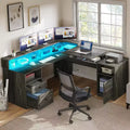 Balconera L Shaped Desk with Drawers 60inch Corner Computer Desk with Power Outlets & Lift Top with Storage Cabinet & LED Lights Grey
