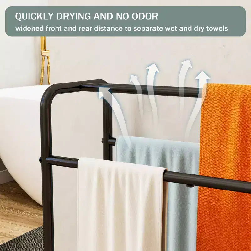 VIYET 30 Porte-serviettes en métal à 3 niveaux, Support de rangement noir autoportant (Organisateur d'affichage pour salle de bain/chambre/piscine)