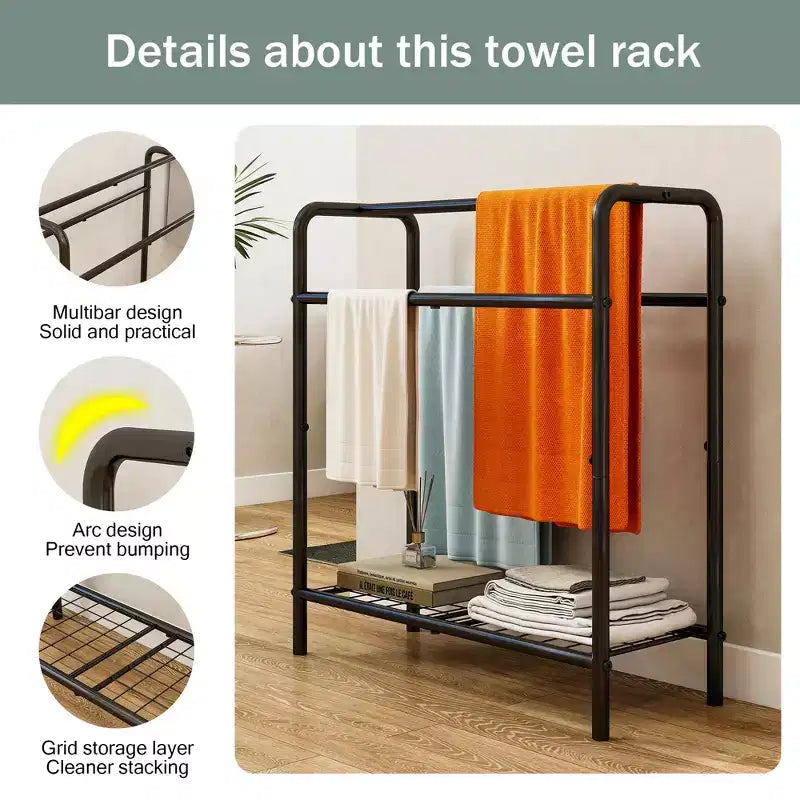 VIYET 30 Porte-serviettes en métal à 3 niveaux, Support de rangement noir autoportant (Organisateur d'affichage pour salle de bain/chambre/piscine)