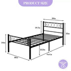 Cadre de lit double XL noir avec tête et pied de lit pour filles et garçons, plateforme de lit en métal avec motif cœur en fer forgé, sans sommier tapissier requis