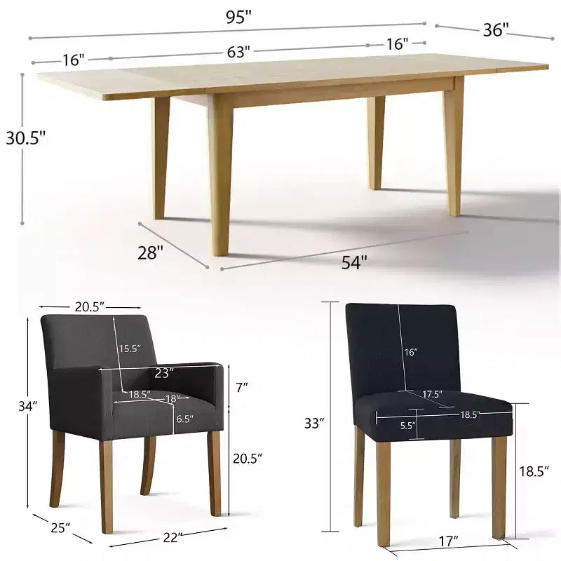 Ensemble de salle à manger 9 pièces avec rallonge, comprenant 6 chaises sans accoudoirs et 2 fauteuils en lin neutre, pieds en bois massif, style moderne-Panipeachy