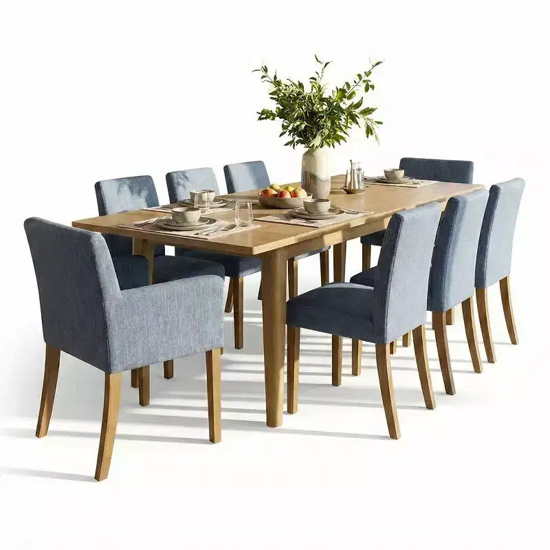 Ensemble de salle à manger 9 pièces avec rallonge, comprenant 6 chaises sans accoudoirs et 2 fauteuils en lin neutre, pieds en bois massif, style moderne-Panipeachy