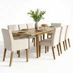 Ensemble de salle à manger 9 pièces avec rallonge, comprenant 6 chaises sans accoudoirs et 2 fauteuils en lin neutre, pieds en bois massif, style moderne-Panipeachy