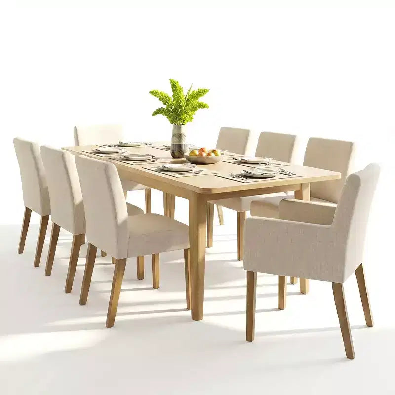 Ensemble de salle à manger 9 pièces avec rallonge, comprenant 6 chaises sans accoudoirs et 2 fauteuils en lin neutre, pieds en bois massif, style moderne-Panipeachy