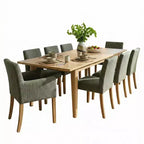 Ensemble de salle à manger 9 pièces avec rallonge, comprenant 6 chaises sans accoudoirs et 2 fauteuils en lin neutre, pieds en bois massif, style moderne-Panipeachy