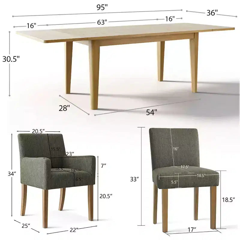 Ensemble de salle à manger 9 pièces avec rallonge, comprenant 6 chaises sans accoudoirs et 2 fauteuils en lin neutre, pieds en bois massif, style moderne-Panipeachy