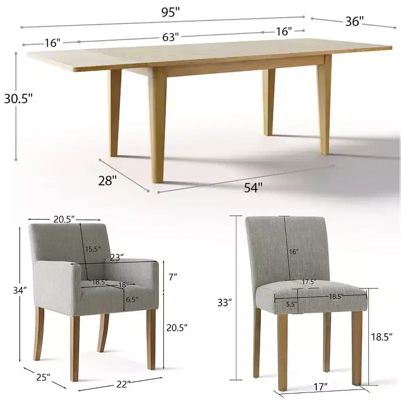 Ensemble de salle à manger 9 pièces avec rallonge, comprenant 6 chaises sans accoudoirs et 2 fauteuils en lin neutre, pieds en bois massif, style moderne-Panipeachy