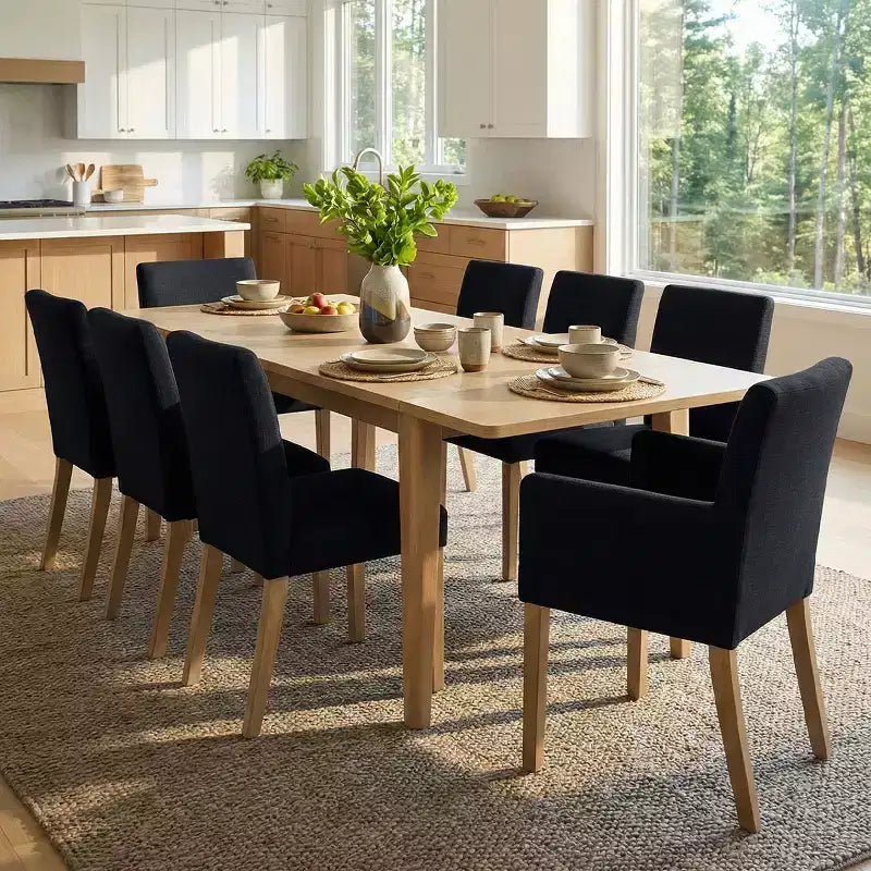 Ensemble de salle à manger 9 pièces avec rallonge, comprenant 6 chaises sans accoudoirs et 2 fauteuils en lin neutre, pieds en bois massif, style moderne-Panipeachy