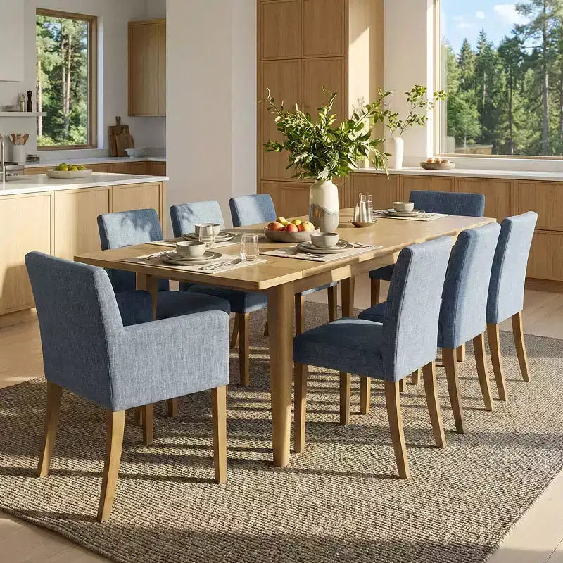 Ensemble de salle à manger 9 pièces avec rallonge, comprenant 6 chaises sans accoudoirs et 2 fauteuils en lin neutre, pieds en bois massif, style moderne-Panipeachy