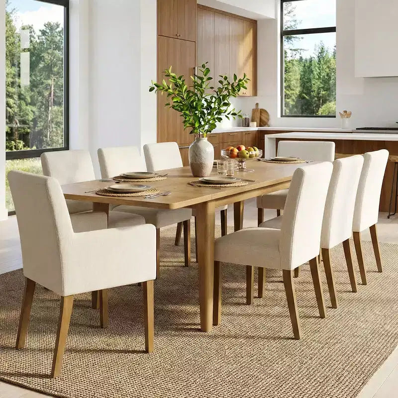 Ensemble de salle à manger 9 pièces avec rallonge, comprenant 6 chaises sans accoudoirs et 2 fauteuils en lin neutre, pieds en bois massif, style moderne-Panipeachy