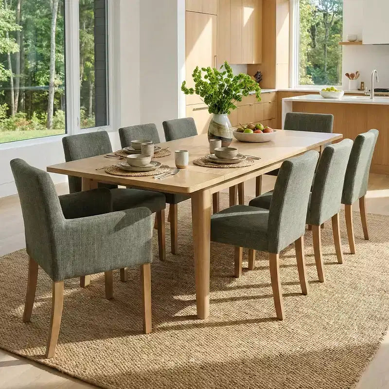 Ensemble de salle à manger 9 pièces avec rallonge, comprenant 6 chaises sans accoudoirs et 2 fauteuils en lin neutre, pieds en bois massif, style moderne-Panipeachy