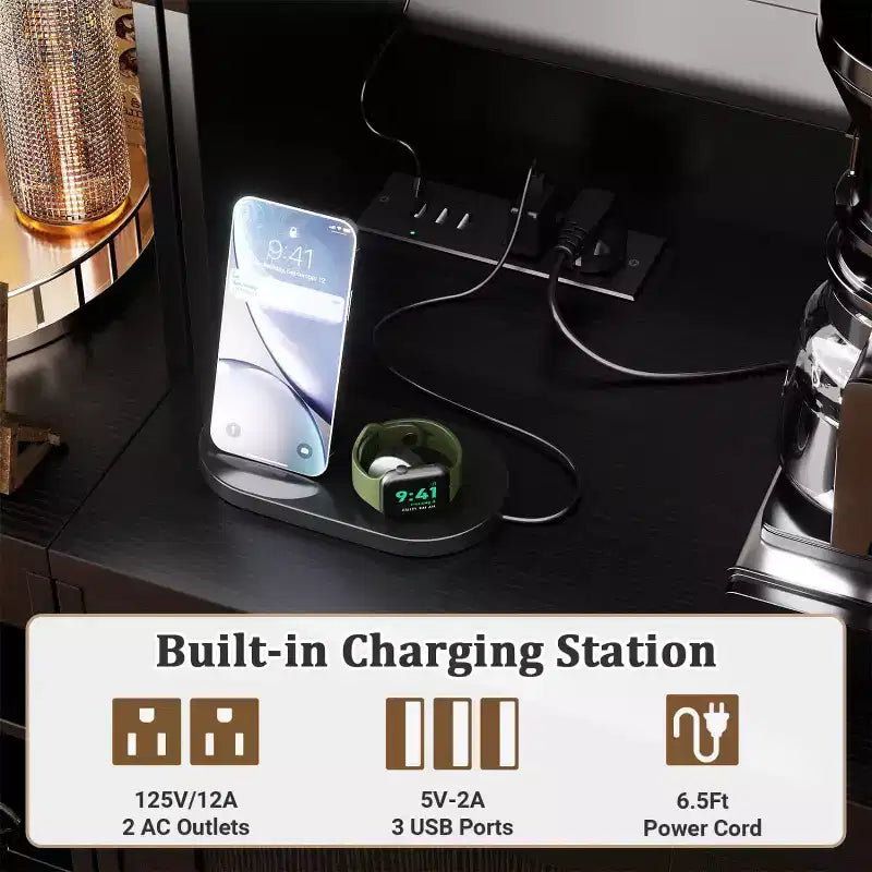 Besiost Meuble de cuisine avec station de recharge, meuble bar à café et à vin