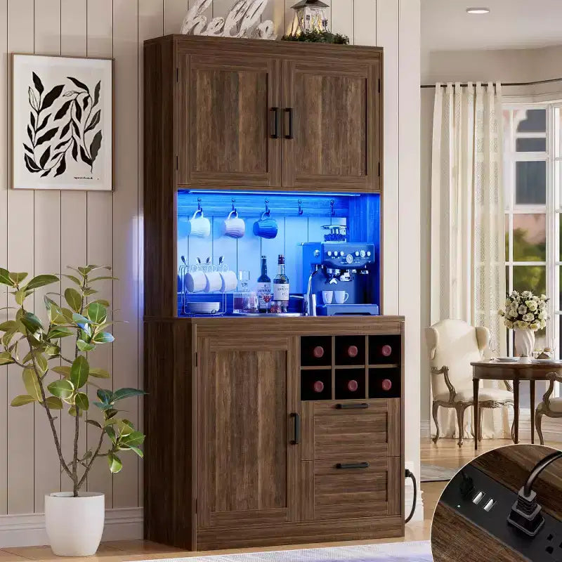 Besiost Meuble de cuisine avec station de recharge, meuble bar à café et à vin