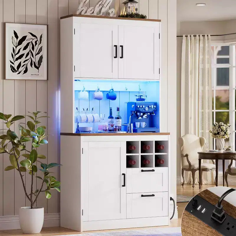 Besiost Meuble de cuisine avec station de recharge, meuble bar à café et à vin