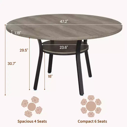 Table à manger ronde de 119 cm pour 4-6 personnes, table de cuisine de style ferme, table de dîner ronde avec étagère de rangement pour cuisine, salon (table uniquement)