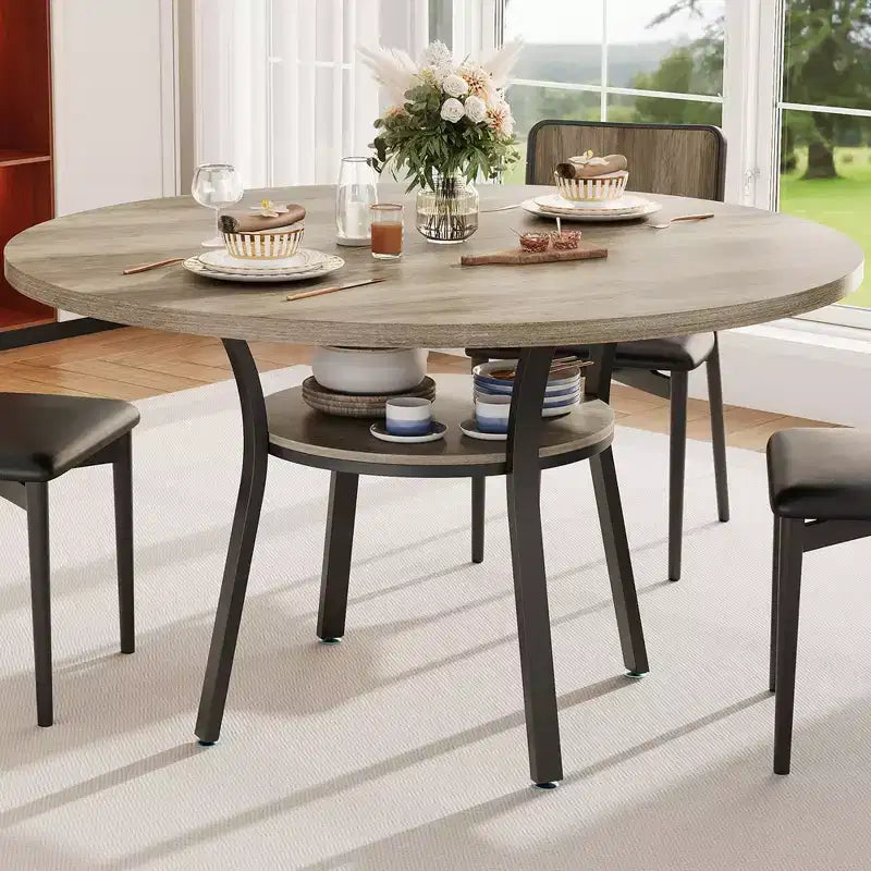 Table à manger ronde de 119 cm pour 4-6 personnes, table de cuisine de style ferme, table de dîner ronde avec étagère de rangement pour cuisine, salon (table uniquement)