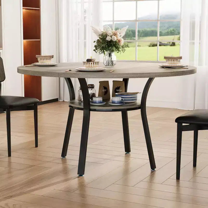 Table à manger ronde de 119 cm pour 4-6 personnes, table de cuisine de style ferme, table de dîner ronde avec étagère de rangement pour cuisine, salon (table uniquement)