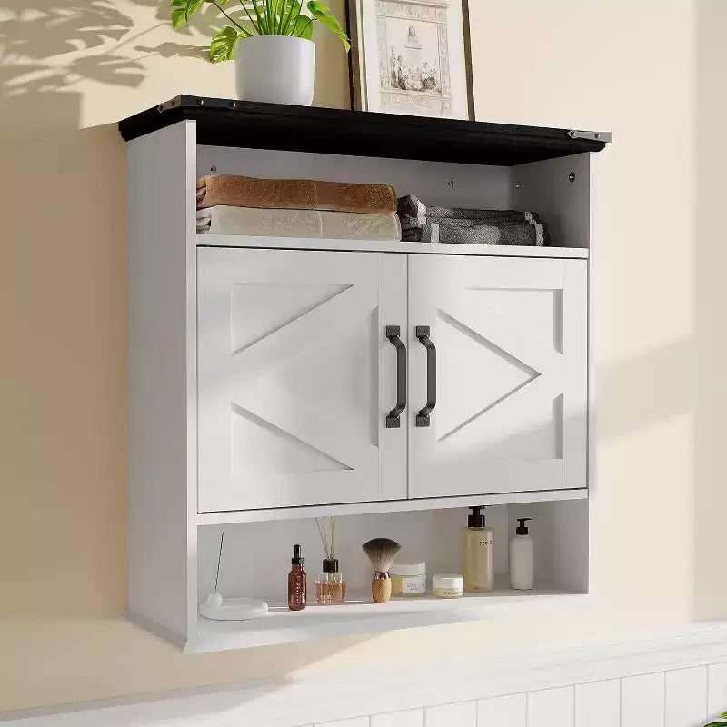 Armoire à pharmacie murale de style rustique 25x23,6 pouces avec porte coulissante et étagères réglables - Rangement blanc pour salle de bain et cuisine