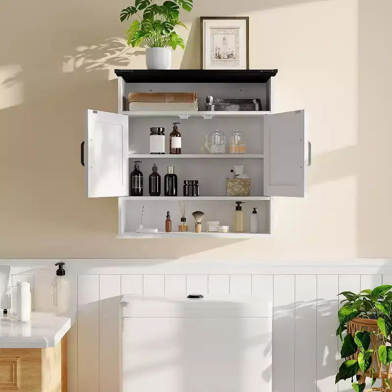 Armoire à pharmacie murale de style rustique 25x23,6 pouces avec porte coulissante et étagères réglables - Rangement blanc pour salle de bain et cuisine