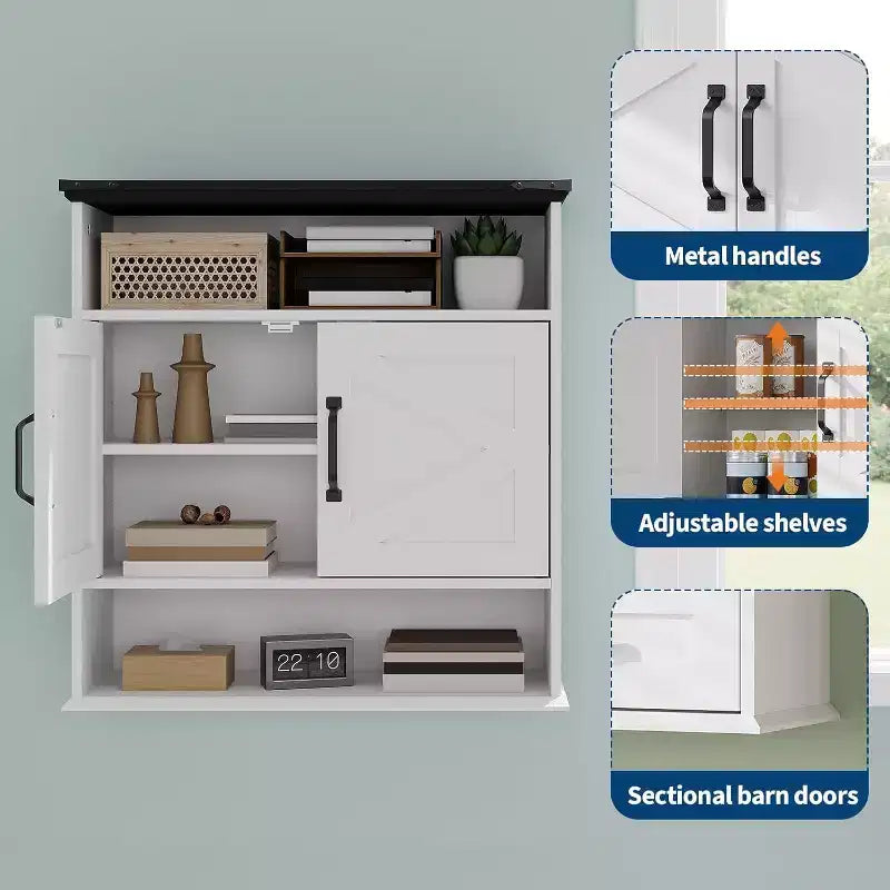 Armoire à pharmacie murale de style rustique 25x23,6 pouces avec porte coulissante et étagères réglables - Rangement blanc pour salle de bain et cuisine