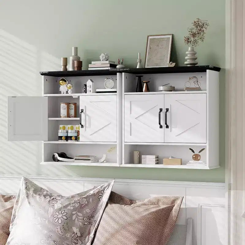 Armoire à pharmacie murale de style rustique 25x23,6 pouces avec porte coulissante et étagères réglables - Rangement blanc pour salle de bain et cuisine