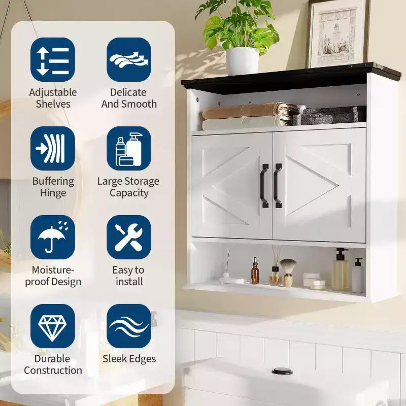Armoire à pharmacie murale de style rustique 25x23,6 pouces avec porte coulissante et étagères réglables - Rangement blanc pour salle de bain et cuisine