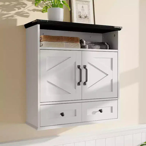 Armoire à pharmacie murale de style rustique 25x23,6 pouces avec porte coulissante et étagères réglables - Rangement blanc pour salle de bain et cuisine