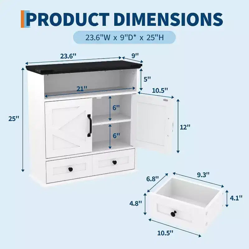 Armoire à pharmacie murale de style rustique 25x23,6 pouces avec porte coulissante et étagères réglables - Rangement blanc pour salle de bain et cuisine