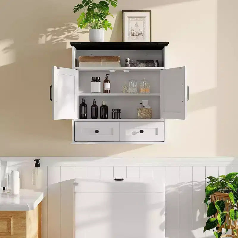Armoire à pharmacie murale de style rustique 25x23,6 pouces avec porte coulissante et étagères réglables - Rangement blanc pour salle de bain et cuisine